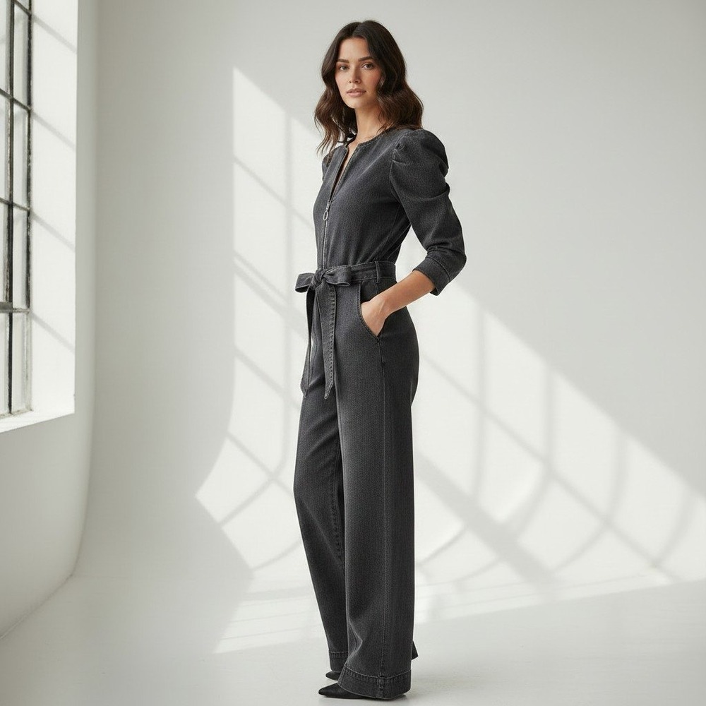 La Vie Rebecca Taylor Denim Jumpsuit Washed Black Puff Sleeve Belted Size Medium
